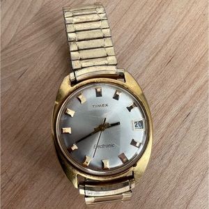 Timex Electronic Mens Watch Gold with Date Window and Speidel Band Vintage Rare